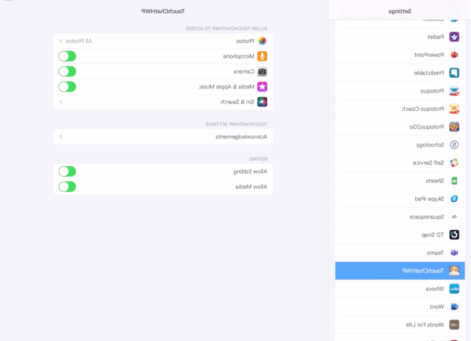 iPad settings with the app Touch Chat selected showing the options to turn editing on or off